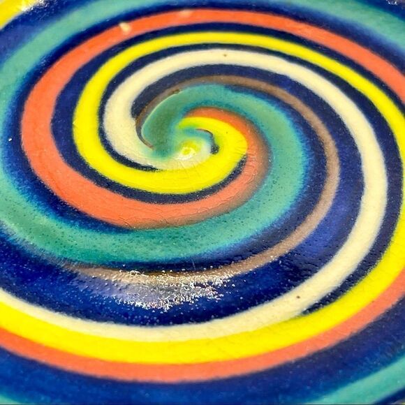 Earthworks Barbados WestIndies Red Clay Pottery Blue Multi Swirl Bowl & Plate - Picture 12 of 16